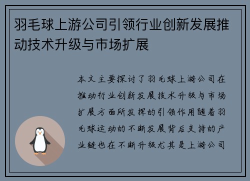 羽毛球上游公司引领行业创新发展推动技术升级与市场扩展