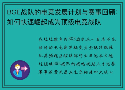 BGE战队的电竞发展计划与赛事回顾：如何快速崛起成为顶级电竞战队