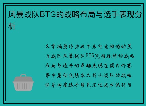 风暴战队BTG的战略布局与选手表现分析